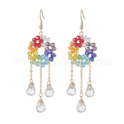 Bague en perles de verre avec boucles d'oreilles pendantes en forme de larme, Boucles d'oreilles pompon en fil de laiton pour femme, colorées, 86mm, pin: 0.7 mm