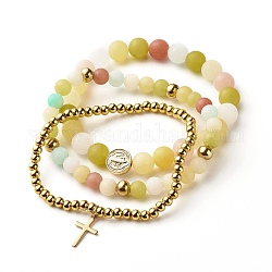 Ensemble de bracelets extensibles croix chapelet, bijoux religieux avec jade blanc naturel teint et perles de laiton, couleur mixte, diamètre intérieur: 2~2-1/8 pouce (5~5.5 cm), 3 pièces / kit