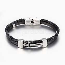 Bracelets en cuir tressé, avec accessoire en 304 acier inoxydable, rectangle avec la croix, noir, 8-1/4 pouce (210 mm), 8.5x3~7mm