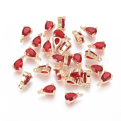 Real 18K Gold Plated Brass Charms, with Cubic Zirconia, Teardrop, Red, 8.5x5.5x3.5mm, Hole: 1mm