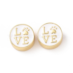Brass Enamel Beads, Cadmium Free & Lead Free, Long-Lasting Plated, Real 18K Gold Plated, Flat Round with Word Love & Cat Paw, White, 12x5.5mm, Hole: 2.5mm