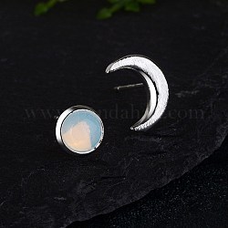 Clous d'oreilles en laiton, verre lune & soleil imitation pierre de lune, avec bouchon d'oreille, boucles d'oreilles asymétrie pendentif, couleur d'argent
