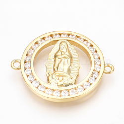 Brass Micro Pave Cubic Zirconia Links, Clear, Flat Round with Virgin Mary, Golden, 25x20x2mm, Hole: 1mm