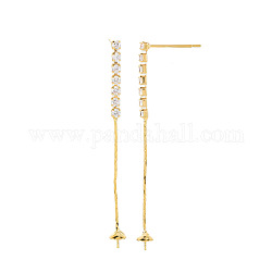 Brass Micro Pave Clear Cubic Zirconia Stud Earring Findings, For Half Drilled Bead, Nickel Free, Cuboid, Real 18K Gold Plated, 48x2mm, Pin: 0.6mm, Pin: 0.6mm(for Half Drilled Bead)