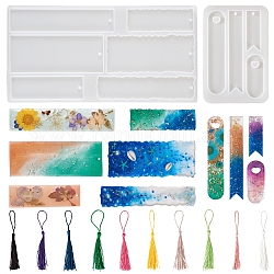2Pcs 2 Styles DIY Bookmark Silicone Molds, Resin Casting Molds, for UV Resin, Epoxy Resin Craft Making, and 20Pcs 10 Colors Polyester Tassel Decorations, Mixed Color, Mold: 127x267x5mm & 124x79.5x5mm, Hole: 3~3.5mm, Inner Diameter: 53~140x16~50mm, Tassel Decorations: 130x6mm