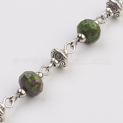 Rubis naturel en perles de zoisite, non soudée, avec perle d'espacement en fer, Perle style tibétain, épingle à œil en fer, facette, 17x7.5mm, 39.37 pouce (1 m)/fil