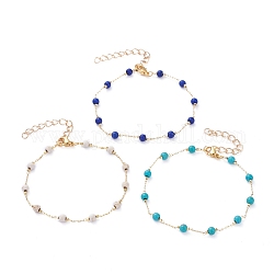 Bracelets ronds en perles synthétiques turquoise (teints), avec des chaînes de câble en laiton et 304 pince de homard en acier inoxydable, or, couleur mixte, 7-5/8 pouce (19.3 cm)