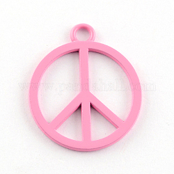 Lovely Peace Sign Pendants for Necklace Making, Spray Painted Cadmium Free & Lead Free Alloy Pendants, Pink, 25x21x1mm, Hole: 2mm