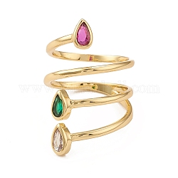 Colorful Cubic Zirconia Adjustable Rings, Rack Plating Brass Jewelry for Women, Lead Free & Cadmium Free, Real 18K Gold Plated, Inner Diameter: 15mm