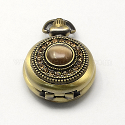 Alliage de zinc cru têtes de montres à quartz strass, avec des yeux de chat, pour création de montre de poche collier pendentif , bronze antique, 40x30x17mm, Trou: 7x1.5mm