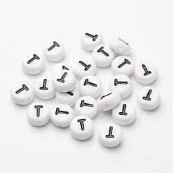 Plat rond avec perles acryliques lettre t, avec trou horizontal, blanc et noir, taille: environ 7mm de diamètre, épaisseur de 4mm, Trou: 1mm