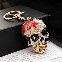 Alloy Rhinestone Pendant Keychain, with Alloy Key Rings and Lobster Claw Clasps, Long-Lasting Plated, Skull, Red, Pendant: 6x4.5cm