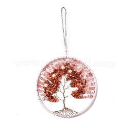 Puces enroulées de fil quartz rose naturel et grandes décorations de pendentif en agate rouge, avec chaînes en fer et corde en similicuir, plat et circulaire avec arbre de vie, 295mm