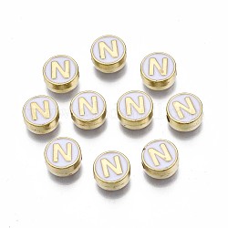 Perles d'émail en alliage, sans cadmium et sans plomb, or clair, rond et plat avec alphabet, blanc, letter.n, 8x4mm, Trou: 1.5mm