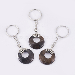 Porte-clés en agate naturelle, avec porte-clés en fer plaqué platine et accessoires en alliage, teinte, plat rond, 84mm