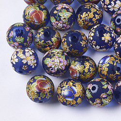 Bedruckte Harzperlen, matt, Runde mit Blumenmuster, dunkelblau, 17 mm, Bohrung: 2 mm