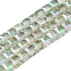 Placcare trasparente perle di vetro fili, sfaccettato, cubo, verde chiaro, 7x7x7mm, Foro: 1.4 mm, circa 100pcs/filo, 26.77 pollice (68 cm)