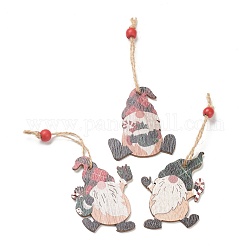 Decorazioni natalizie in legno a tema grande ciondolo, con corda di canapa e perline, Babbo Natale, rosa nebbiosa, 137~143mm, 9pcs/scatola, scatola: circa 240x89.5x15mm