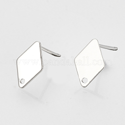Accessoires de clous d'oreilles en laiton, avec boucle et plaque plate, losange, sans nickel, platine, 11x7x0.5mm, Trou: 1mm, pin: 0.7 mm