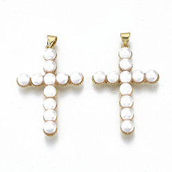Pendentifs en laiton, avec anneaux de saut et perle imitation plastique ABS, sans nickel, croix, véritable 16k plaqué or, 40x27x6mm, Trou: 3x5mm