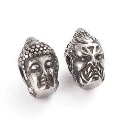 Budista 304 acero inoxidable cuentas, cabeza de Buda, plata antigua, 14x8.5x9.2mm, agujero: 1.8 mm