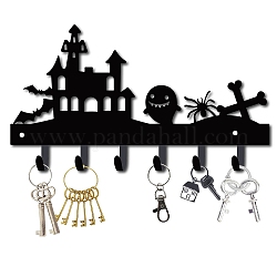 Crochets muraux en fer, support organisateur décoratif avec 6 crochets, pour sac vêtements porte-clé foulard suspendu, thème de l'Halloween, chauve-souris et araignée et fantôme, gunmetal, 15x27 cm