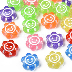 Transparent Acrylic Beads, Craft Style, Flower with Smiling Face, Mixed Color, 10x11x5mm, Hole: 2mm, about 1800pcs/500g