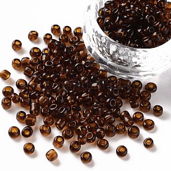 (servizio di reimballaggio disponibile) perline di semi di vetro, trasparente, tondo, marrone, 6/0, 4mm, Foro: 1.5 mm, su 12 g / borsa