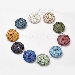 Natural Lava Rock Beads Strands, Dyed, Flat Round, Mixed Color, 32~33x9mm, Hole: 2mm, about 10pcs/strand, 14.9 inch(38cm)