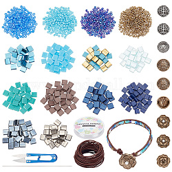 Nbeads DIY Tile Bracelet Making Kit, Including Glass Seed Beads, Rose & Tree of Life Alloy Buttons, Cowhide Leather Cord, Elastic Thread, Scissors, Blue