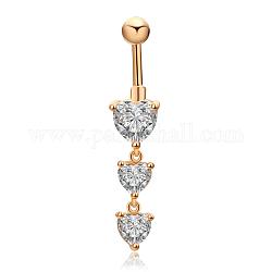 Real 18K Gold Plated Brass Cubic Zirconia Navel Ring Navel Ring Belly Rings, with 304 Stainless Steel Bar, 44x9mm, Bar Length: 3/8