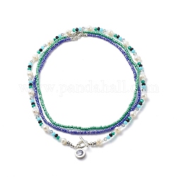 3Pcs 3 Style Natural Pearl & Glass Seed Beaded Necklaces Set, Crystal Rhinestone Roman Numerals Charms Necklaces for Women, Mixed Color, 15.55~17.72 inch(39.5~45cm), 1Pc/style