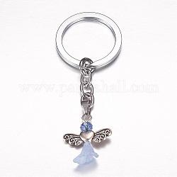 Alloy Keychain, with Gemstone Beads, Tibetan Style Heart Beads and Acrylic Flower Beads, Lovely Wedding Dress Angel Dangle, Light Sky Blue, 83mm