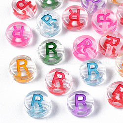 Perles acryliques transparentes transparentes, trou horizontal, plat rond avec lettre de couleurs mélangées, letter.r, 7x3.5mm, Trou: 1.2mm, environ 3700 pcs/500 g
