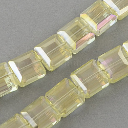 Electroplate Faceted Transparent Glass Beads Strands, Square, Light Goldenrod Yellow, 13x13x7.5mm, Hole: 2mm, about 40pcs/strand, 19.6 inch