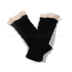 Fingerlose Strickhandschuhe aus Acrylfasergarn, Warme Winterhandschuhe mit Spitzenkante und Daumenloch für Damen, Schwarz, 190x75 mm