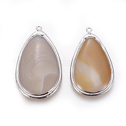Natural Agate Pendants, with Brass Findings, teardrop, Platinum, 47~53x26~32x6mm, Hole: 1.8mm
