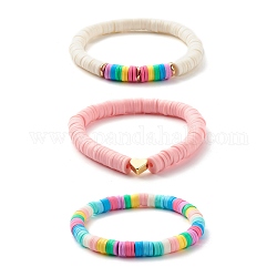 Handgefertigte Heishi-Perlen aus Polymer-Ton dehnen Kinderarmbänder aus, Herz Messingperlen Armbänder, Mischfarbe, Innendurchmesser: 2 Zoll (5.2 cm), 3 Stück / Set
