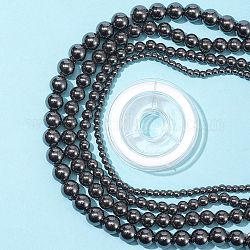 4 brins 4 brins de perles d'hématite synthétiques non magnétiques, avec 1 rouleau de fil élastique en cristal, ronde, 4~10mm, Trou: 1~1.5mm, 1 brin / style