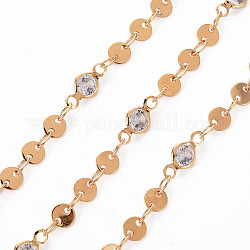 Handmade Brass Flat Sequin Chain, with Clear Cubic Zirconia, Soldered, Spool, Flat Round, Real 18K Gold Plated, 3.7x2.5x0.3mm and 10x4.5x2.5mm, about 16.4 Feet(5m)/roll