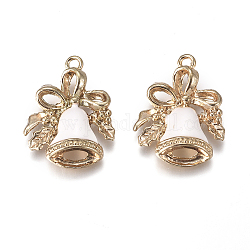 Plateados de oro colgantes de la aleación, con esmalte, campana, para la Navidad, blanco, 21x16x3.5mm, agujero: 1.2 mm