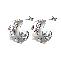 304 orecchini a bottone in acciaio inossidabile con micro pavè di zirconi, orecchini a mezzo cerchio con perle finte, colore acciaio inossidabile, 23x15mm