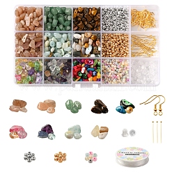 Bausatz für Edelsteinperlenohrringe zum Selbermachen, einschließlich Perlen aus natürlichen und synthetischen Steinen, Muscheln und Glassplittern, Perlen, Eisen Ohrhaken