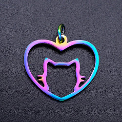 Ion Plating(IP) 201 Stainless Steel Filigree Kitten Pendants, with Jump Rings, Heart with Cat Shape, Rainbow Color, 17x20x1mm, Jump Ring: 5x0.8mm, Inner Diameter: 3mm
