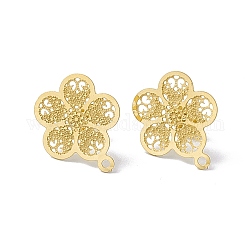 304 Stainless Steel Stud Earrings Finding, Hollow Plum Blossom, with Horizontal Loop, Golden, 18x15.5mm, Hole: 1.2mm, Pin: 0.85mm