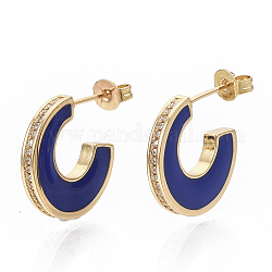 Brass Micro Pave Cubic Zirconia Crescent Moon Stud Earrings, Half Hoop Earrings, with Enamel and Ear Nuts, Letter C, Real 18K Gold Plated, Blue, 21x17x3mm, Pin: 1mm