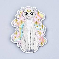 Computerized Embroidery Cloth Iron on/Sew on Patches, Costume Accessories, Appliques, Cat, White, 84x59x1.4mm