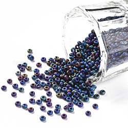 12/0 runde Glasperlen der Klasse a, Metallic-Farben Iris, matte Stil, in Blau Plattiert, 12/0, 2x1.5 mm, Bohrung: 0.8 mm, ca. 30000 Stk. / Beutel