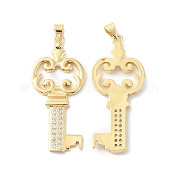 Rack Plating Brass Micro Pave Cubic Zirconia Pendants, Long-Lasting Plated, Cadmium Free & Lead Free, Key, Real 18K Gold Plated, 44x19x2.5mm, Hole: 4.5x3mm