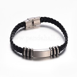 Bracelets de cordon en cuir PU de bioux couleur noir, avec accessoires en 304 acier inoxydable et bracelet-montre avec boucle déployante, rectangle, couleur inoxydable, 220x10mm